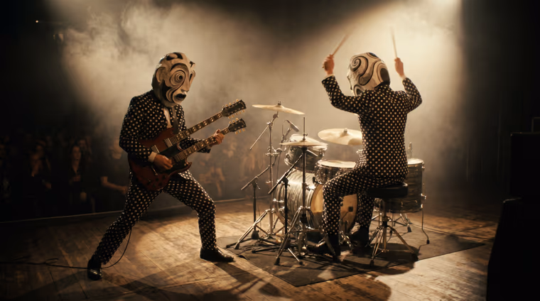 Duo de musiciens masqués sur scène, batterie et guitare à double manche, ambiance théâtrale