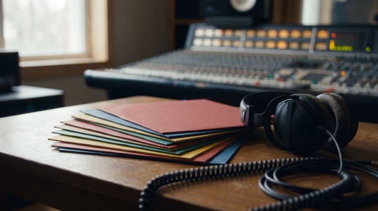 Pile de pochettes de disques colorées sur une table de studio, casque audio posé à côté