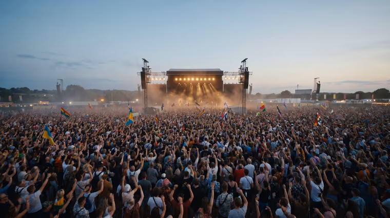 Foule immense devant une grande scène de festival au coucher du soleil, drapeaux levés