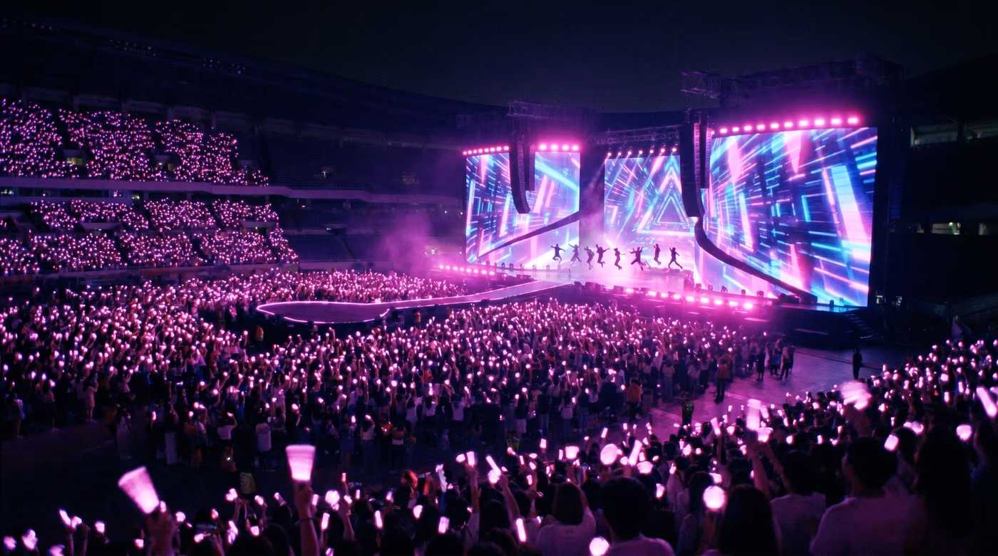 Scène de concert K-pop avec écrans géants et océan de lightsticks dans le public
