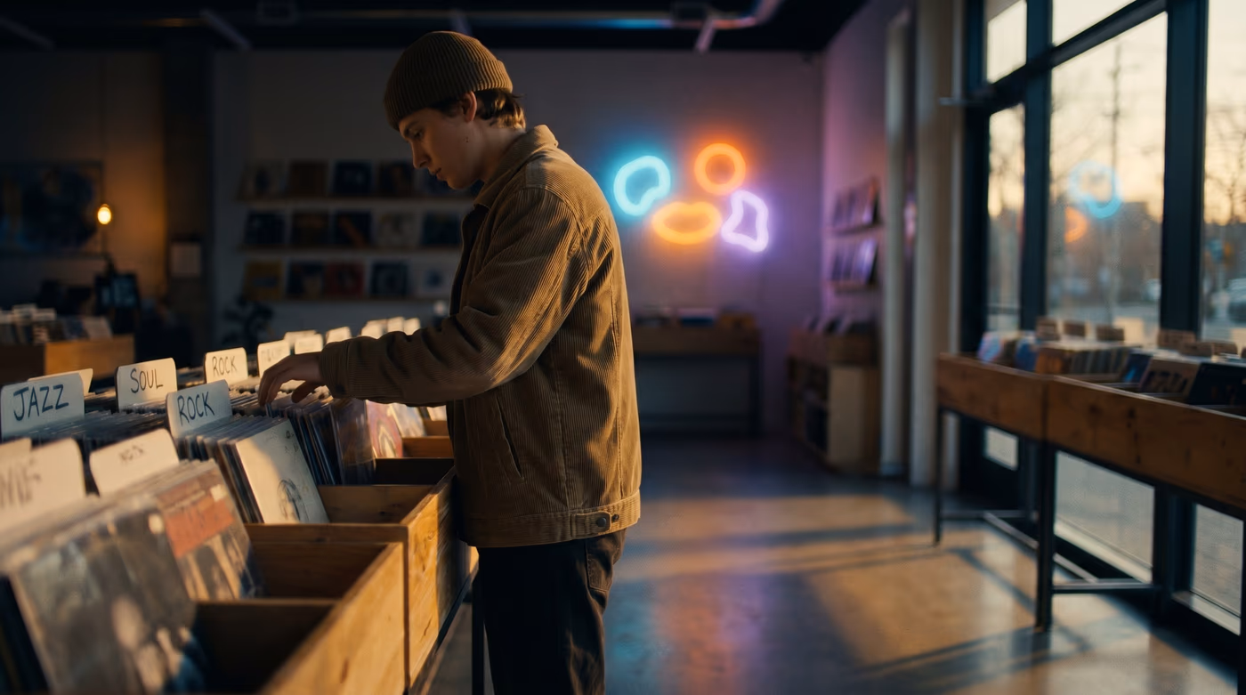 Bac de disques vinyles dans une boutique moderne, néons colorés en arrière-plan