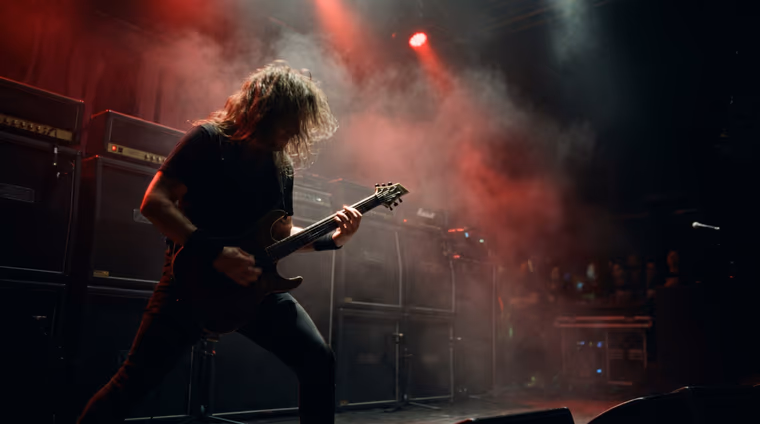 Guitariste de metal en contre-jour sur scène, mur d'amplis et lumières rouges