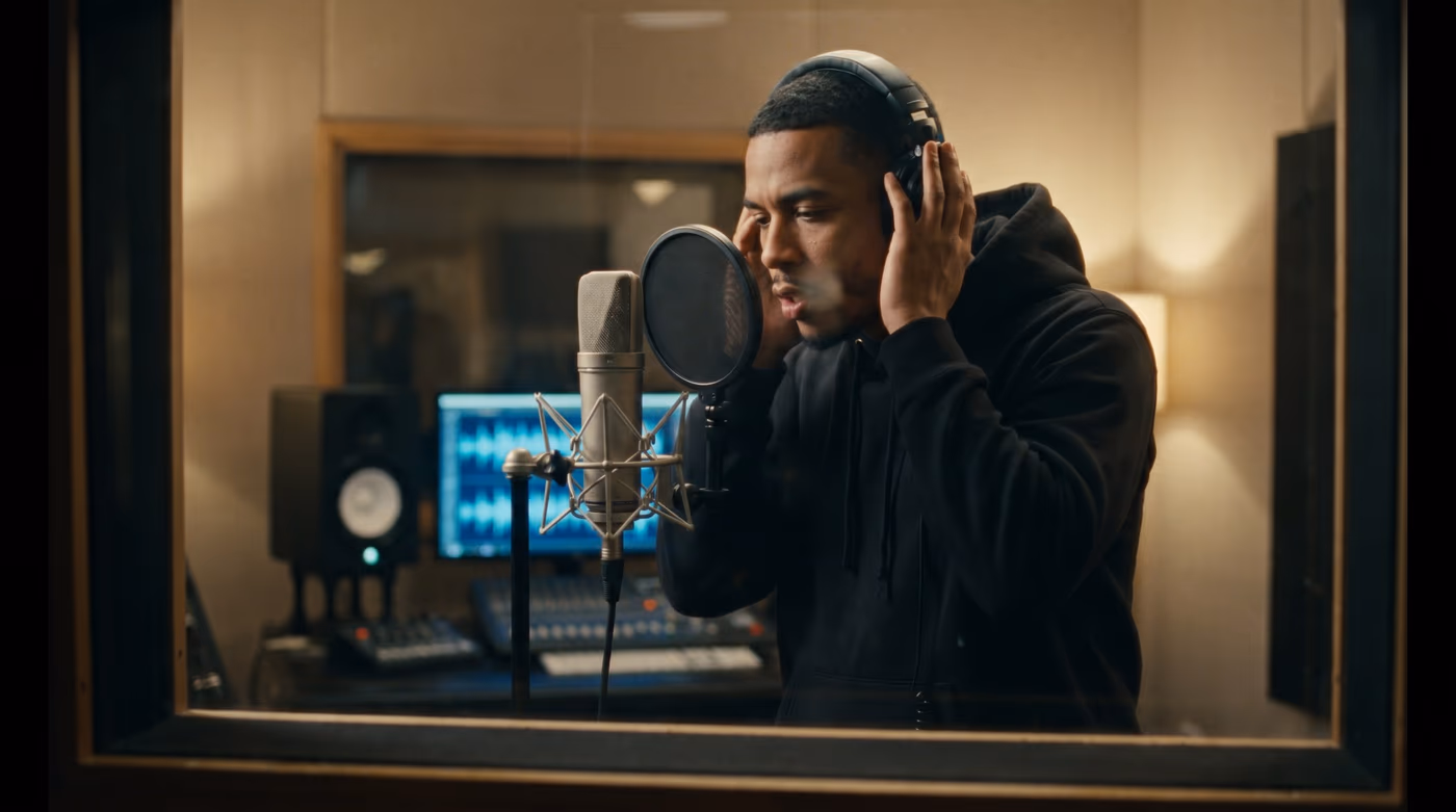 Rappeur en cabine d'enregistrement, micro et casque, écran de studio en premier plan