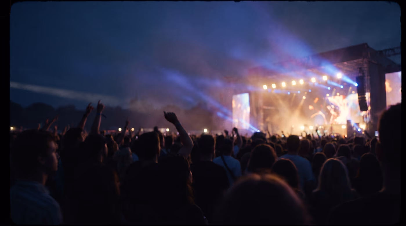 Grande scène de festival illuminée en bleu à la tombée de la nuit, silhouettes de la foule au premier plan