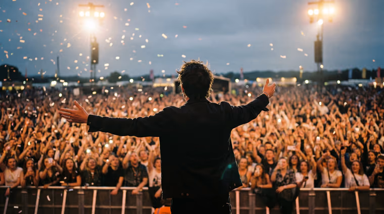 Artiste français sur la grande scène d'un festival devant une foule au crépuscule, drapeau français dans le public