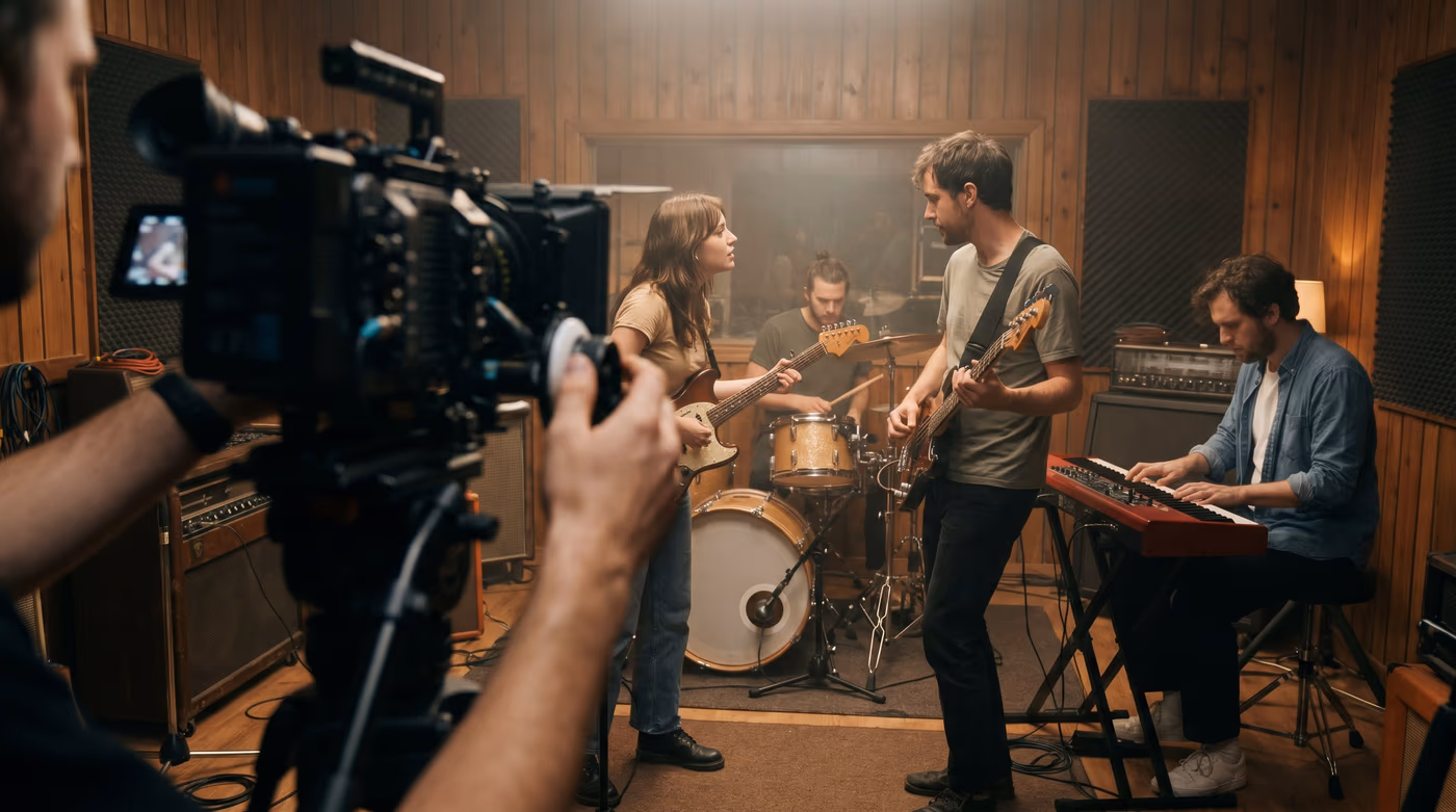 Groupe de musiciens filmé en session live dans un studio de radio, lumière tamisée