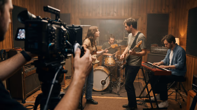 Groupe de musiciens filmé en session live dans un studio de radio, lumière tamisée